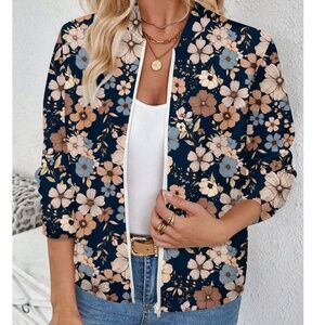 031 Boho Navy Blue Floral Print Zipper Jacket Shacket